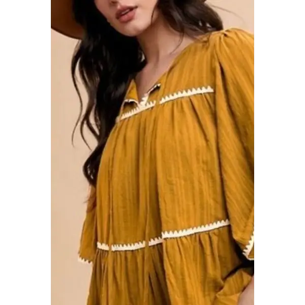 Tassel Contrast Trim Tie Neck Half Sleeve Tiered Dress.
