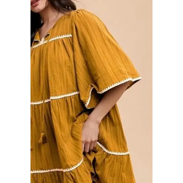 Tassel Contrast Trim Tie Neck Half Sleeve Tiered Dress.