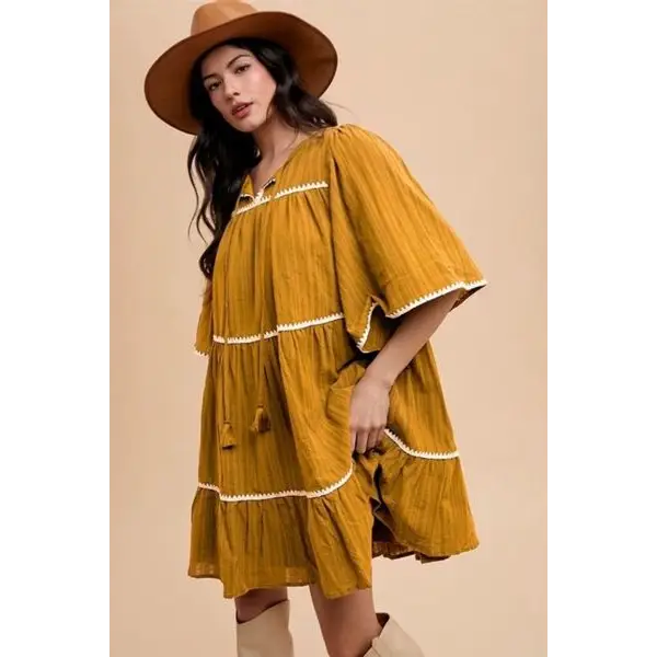 Tassel Contrast Trim Tie Neck Half Sleeve Tiered Dress.