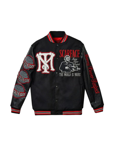 Scarface Vegan Leather Chenille Patched Varsity Jacket