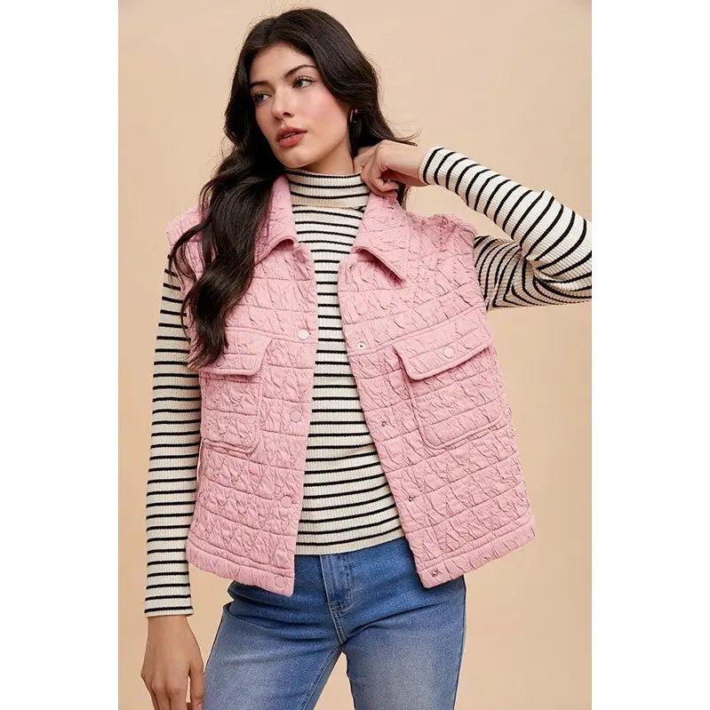Texture Quilted Snap Down Vest Coat.