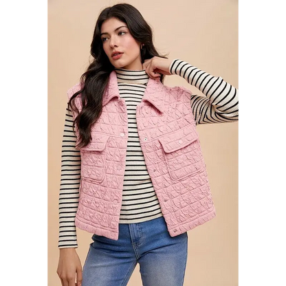 Texture Quilted Snap Down Vest Coat.