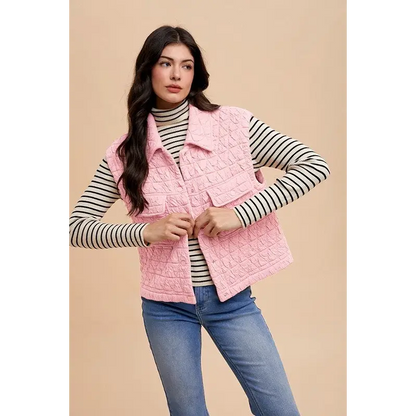 Texture Quilted Snap Down Vest Coat.