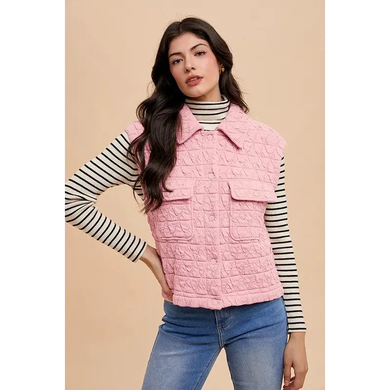 Texture Quilted Snap Down Vest Coat.