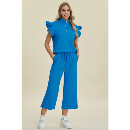 Texture Ruffle Short Sleeve Top and Wide Leg Pants Set - KRIFFA 