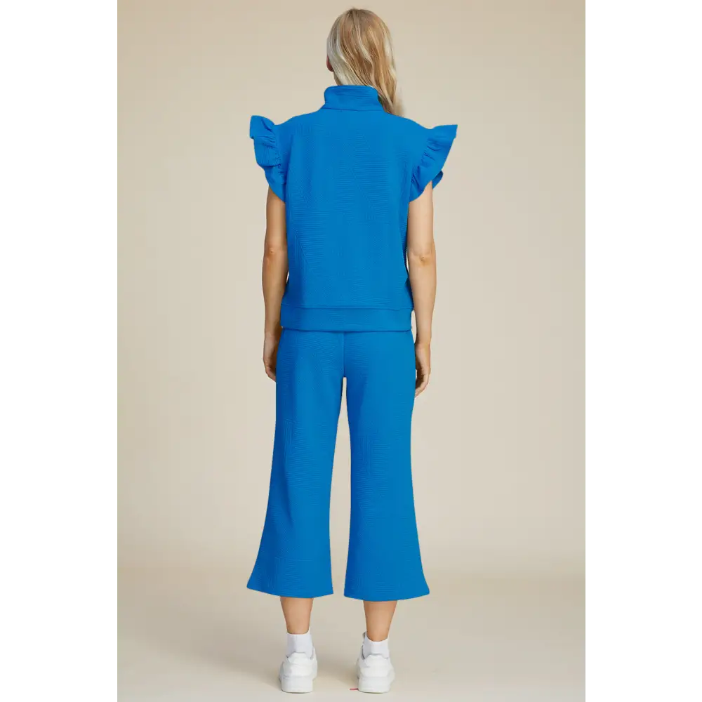 Texture Ruffle Short Sleeve Top and Wide Leg Pants Set - KRIFFA 