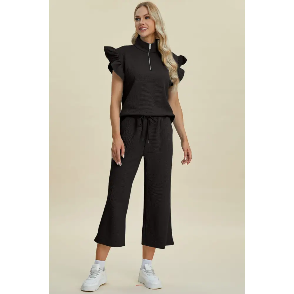Texture Ruffle Short Sleeve Top and Wide Leg Pants Set - KRIFFA 
