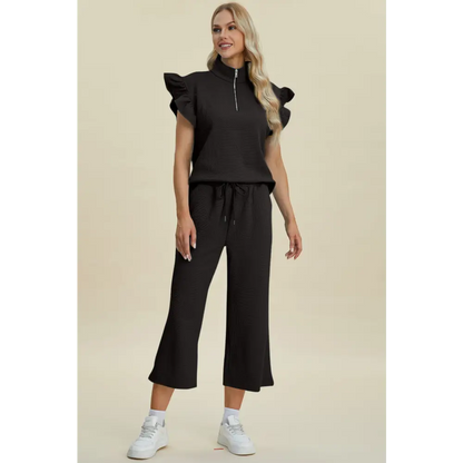 Texture Ruffle Short Sleeve Top and Wide Leg Pants Set - KRIFFA 