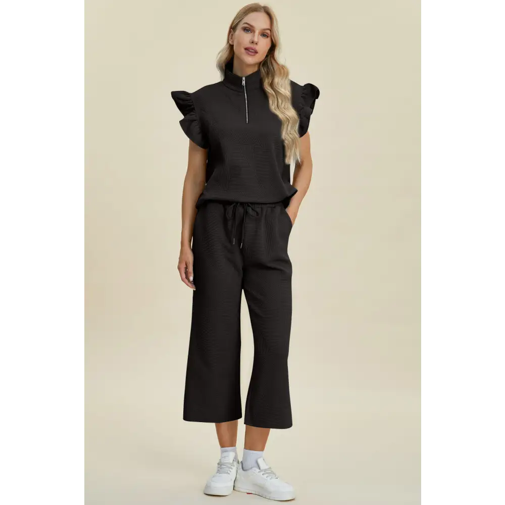 Texture Ruffle Short Sleeve Top and Wide Leg Pants Set - KRIFFA 