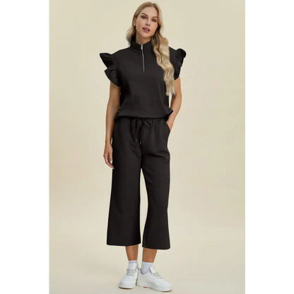 Texture Ruffle Short Sleeve Top and Wide Leg Pants Set - KRIFFA 