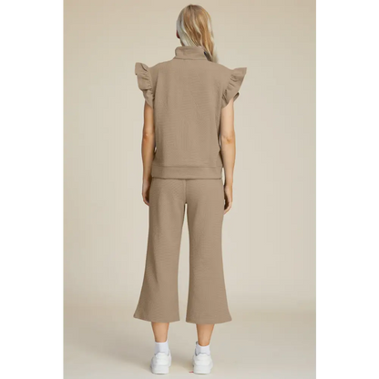 Texture Ruffle Short Sleeve Top and Wide Leg Pants Set.