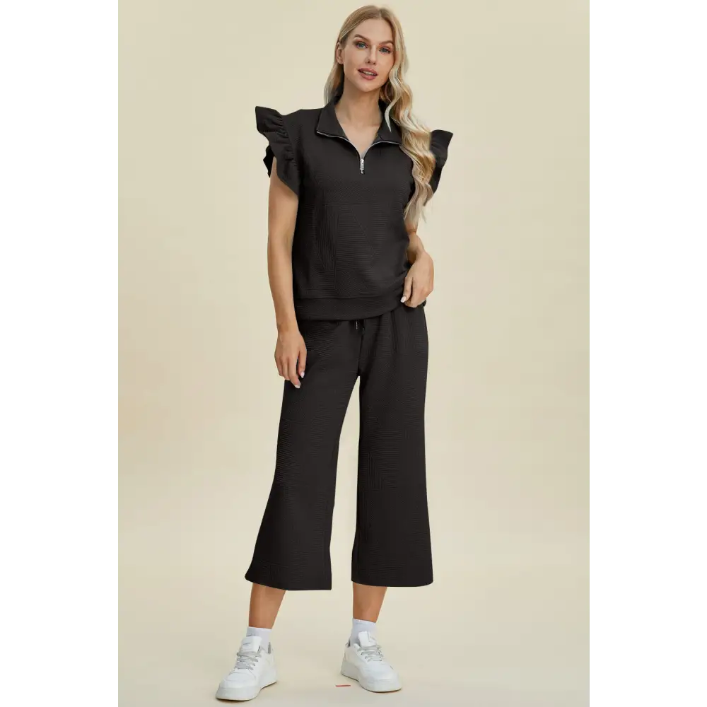 Texture Ruffle Short Sleeve Top and Wide Leg Pants Set - KRIFFA 
