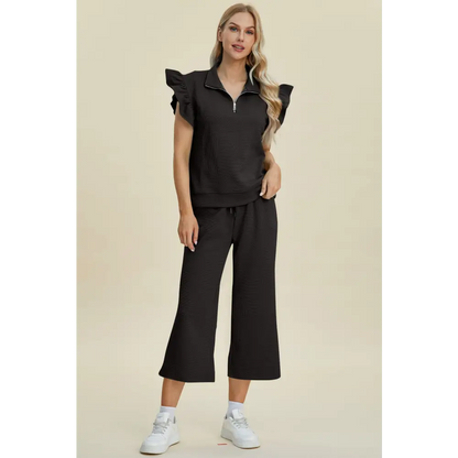 Texture Ruffle Short Sleeve Top and Wide Leg Pants Set - KRIFFA 