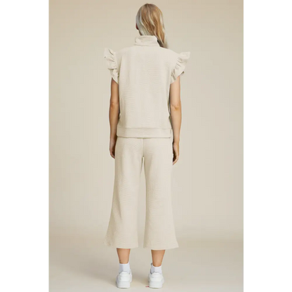 Texture Ruffle Short Sleeve Top and Wide Leg Pants Set.