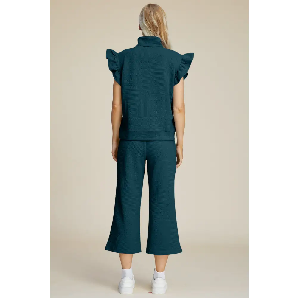 Texture Ruffle Short Sleeve Top and Wide Leg Pants Set.