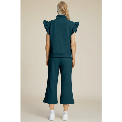 Texture Ruffle Short Sleeve Top and Wide Leg Pants Set.