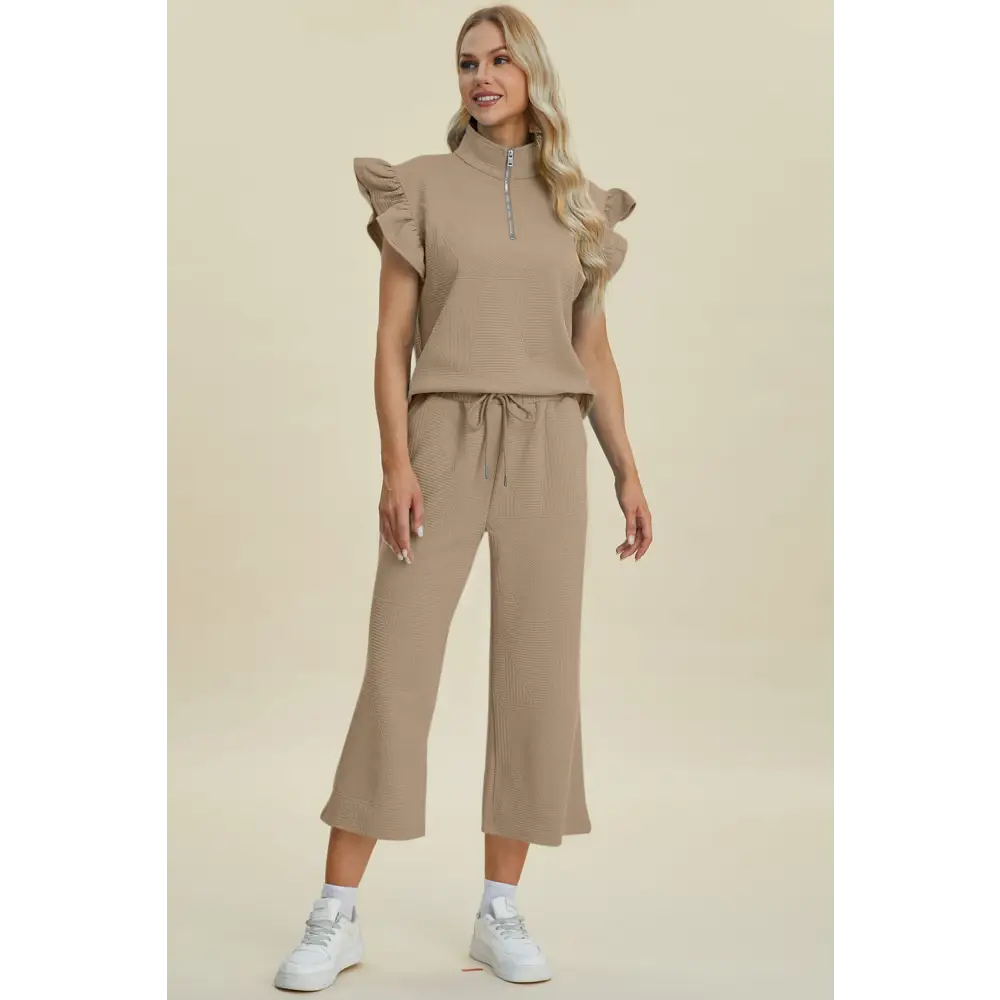 Texture Ruffle Short Sleeve Top and Wide Leg Pants Set.