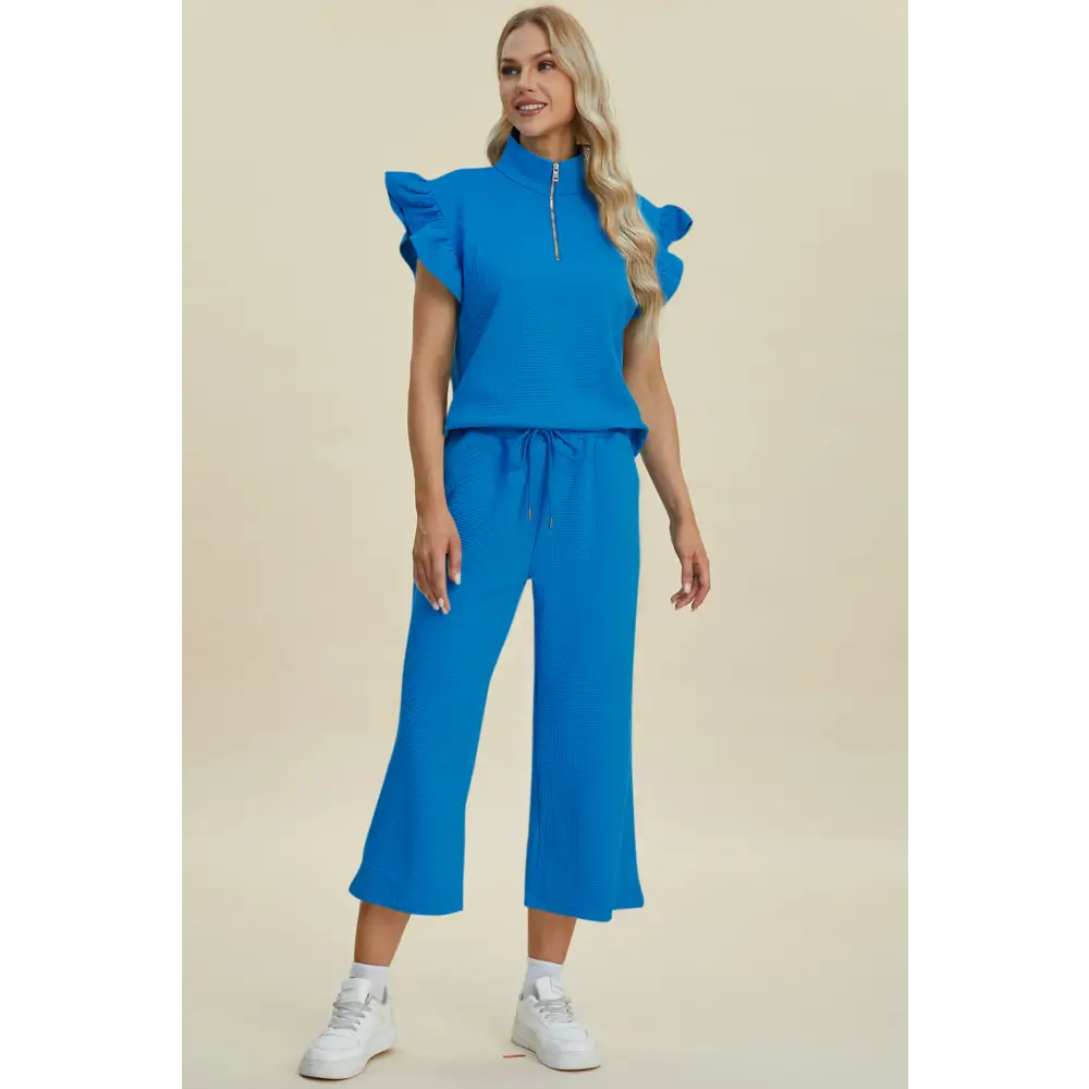 Texture Ruffle Short Sleeve Top and Wide Leg Pants Set - KRIFFA 