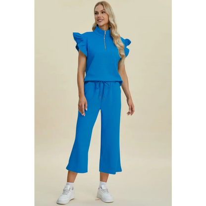 Texture Ruffle Short Sleeve Top and Wide Leg Pants Set - KRIFFA 