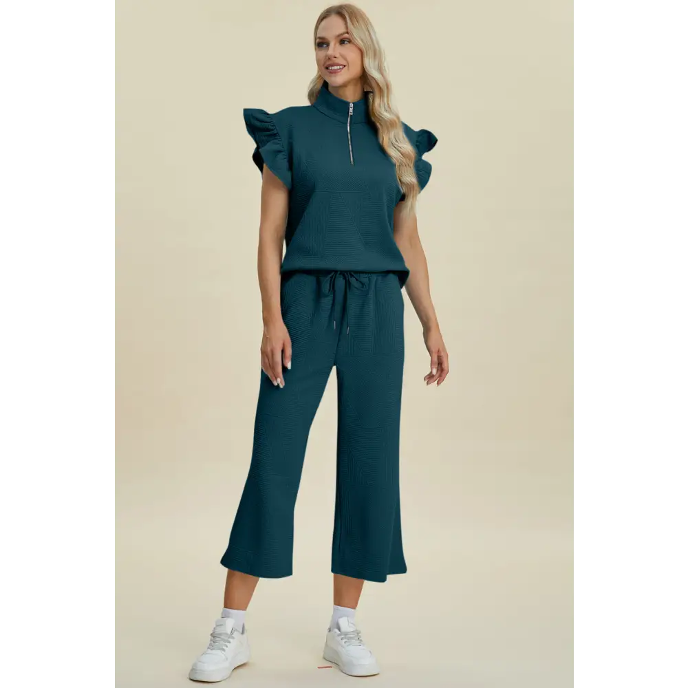 Texture Ruffle Short Sleeve Top and Wide Leg Pants Set.