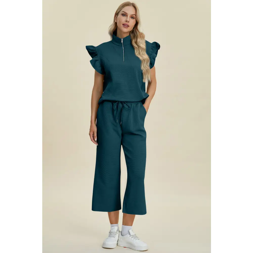 Texture Ruffle Short Sleeve Top and Wide Leg Pants Set.