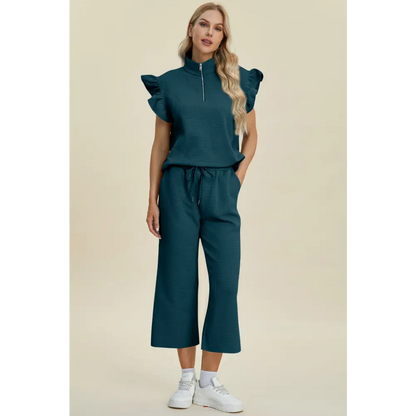 Texture Ruffle Short Sleeve Top and Wide Leg Pants Set.