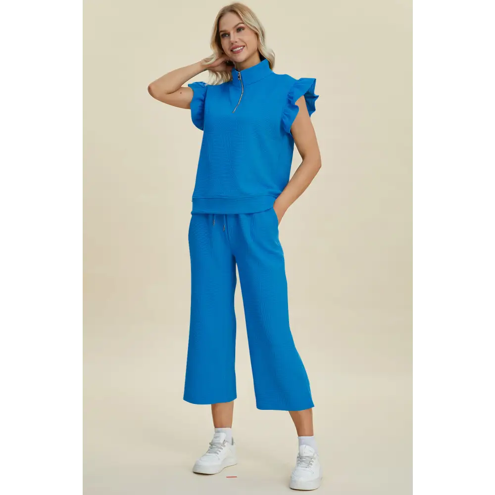 Texture Ruffle Short Sleeve Top and Wide Leg Pants Set - KRIFFA 