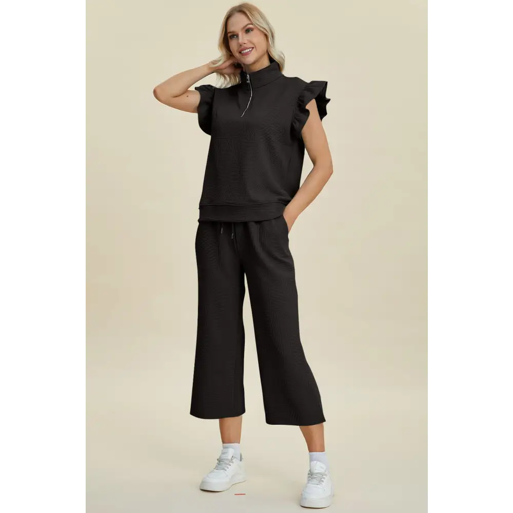 Texture Ruffle Short Sleeve Top and Wide Leg Pants Set - KRIFFA 