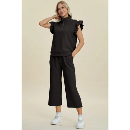 Texture Ruffle Short Sleeve Top and Wide Leg Pants Set - KRIFFA 