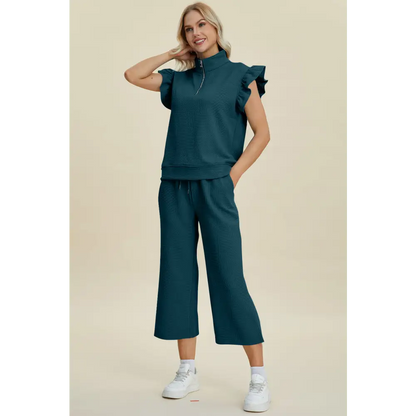 Texture Ruffle Short Sleeve Top and Wide Leg Pants Set.
