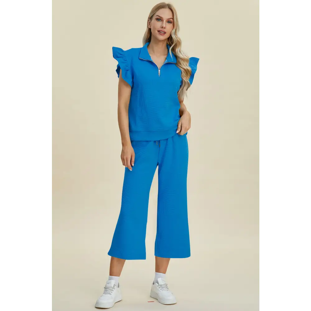 Texture Ruffle Short Sleeve Top and Wide Leg Pants Set - KRIFFA 