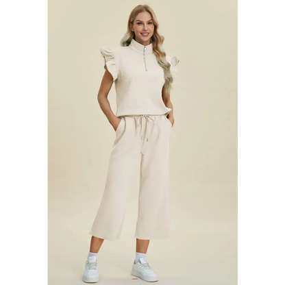 Texture Ruffle Short Sleeve Top and Wide Leg Pants Set.