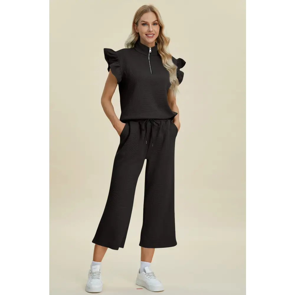 Texture Ruffle Short Sleeve Top and Wide Leg Pants Set - KRIFFA 