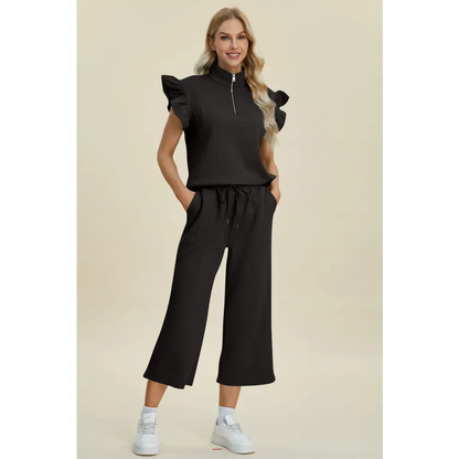 Texture Ruffle Short Sleeve Top and Wide Leg Pants Set - KRIFFA 