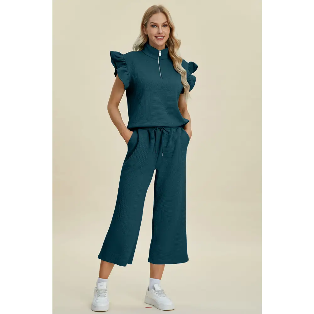 Texture Ruffle Short Sleeve Top and Wide Leg Pants Set.