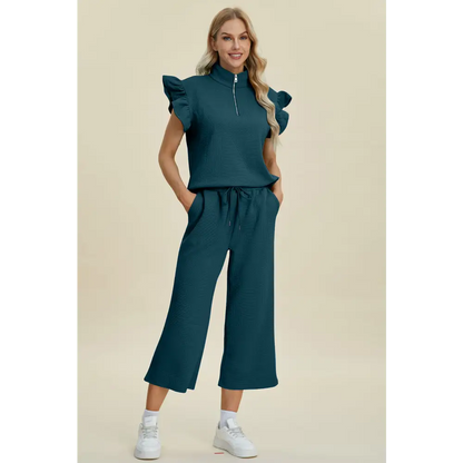 Texture Ruffle Short Sleeve Top and Wide Leg Pants Set.