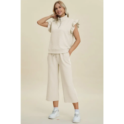 Texture Ruffle Short Sleeve Top and Wide Leg Pants Set.