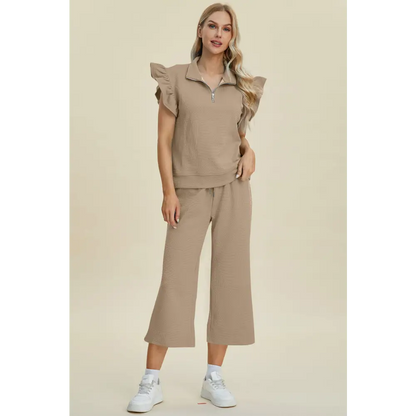 Texture Ruffle Short Sleeve Top and Wide Leg Pants Set.