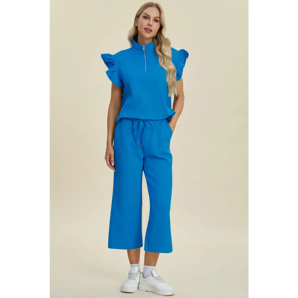 Texture Ruffle Short Sleeve Top and Wide Leg Pants Set - KRIFFA 