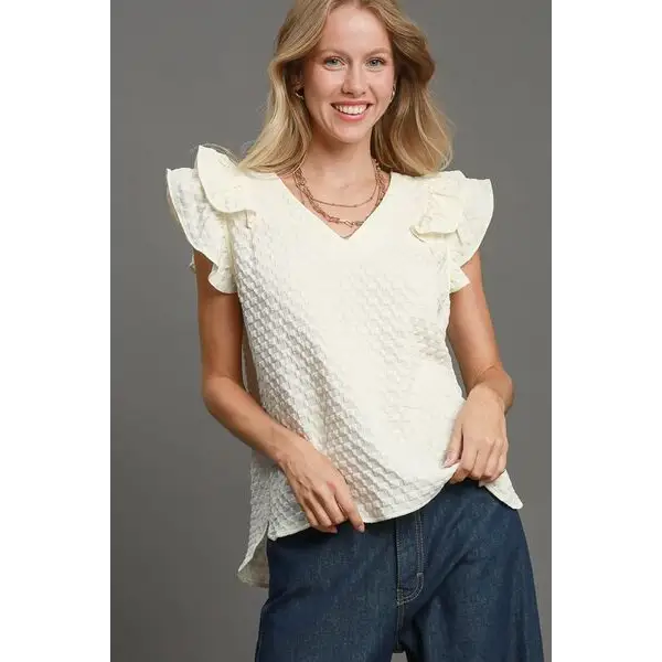 Textured Jacquard V-Neck Ruffle Cap Sleeve Blouse.