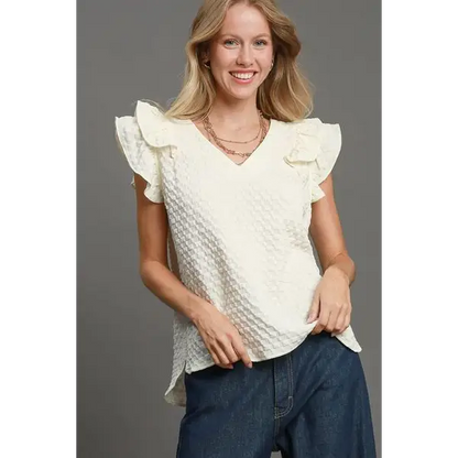 Textured Jacquard V-Neck Ruffle Cap Sleeve Blouse.