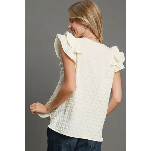 Textured Jacquard V-Neck Ruffle Cap Sleeve Blouse.