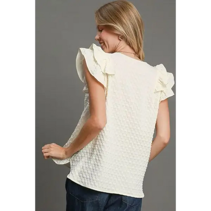 Textured Jacquard V-Neck Ruffle Cap Sleeve Blouse.