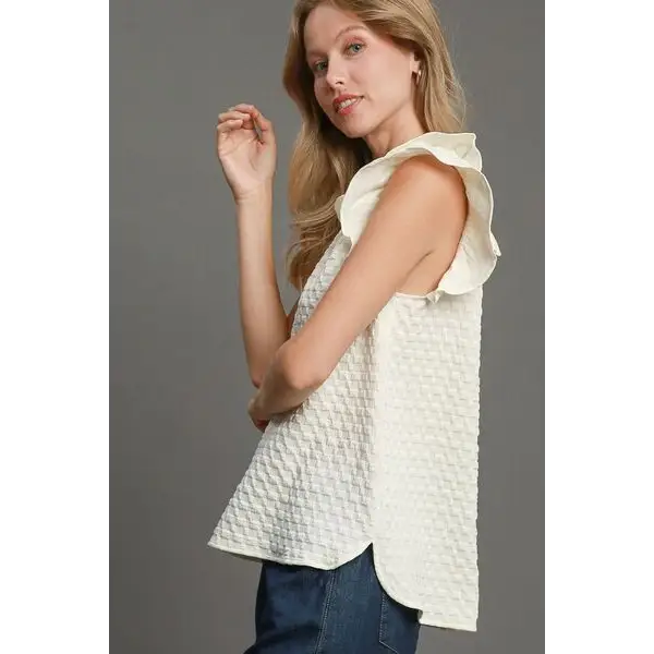 Textured Jacquard V-Neck Ruffle Cap Sleeve Blouse.