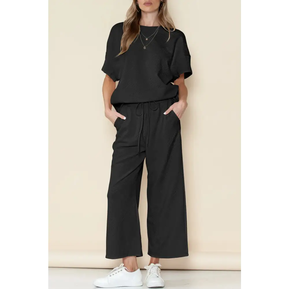 Textured Loose Fit T Shirt & Drawstring Pants Set.