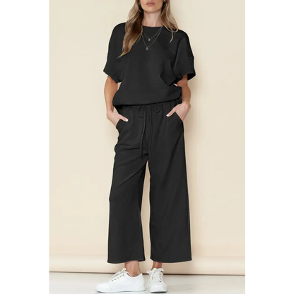 Textured Loose Fit T Shirt & Drawstring Pants Set.