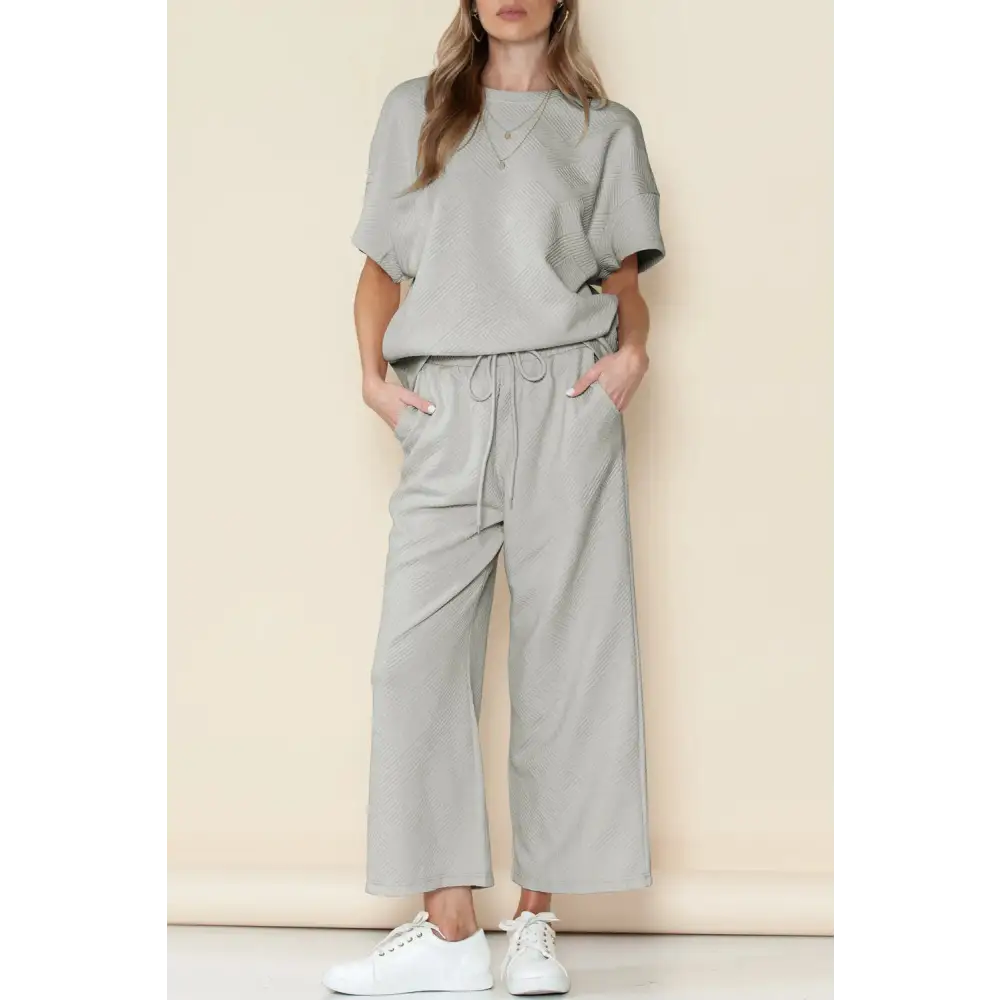 Textured Loose Fit T Shirt & Drawstring Pants Set.