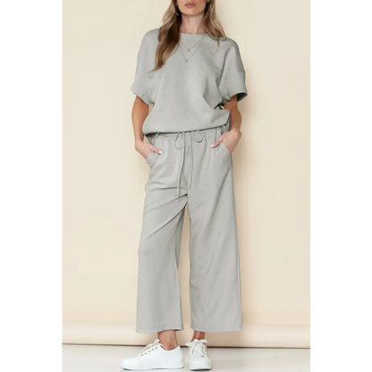 Textured Loose Fit T Shirt & Drawstring Pants Set.