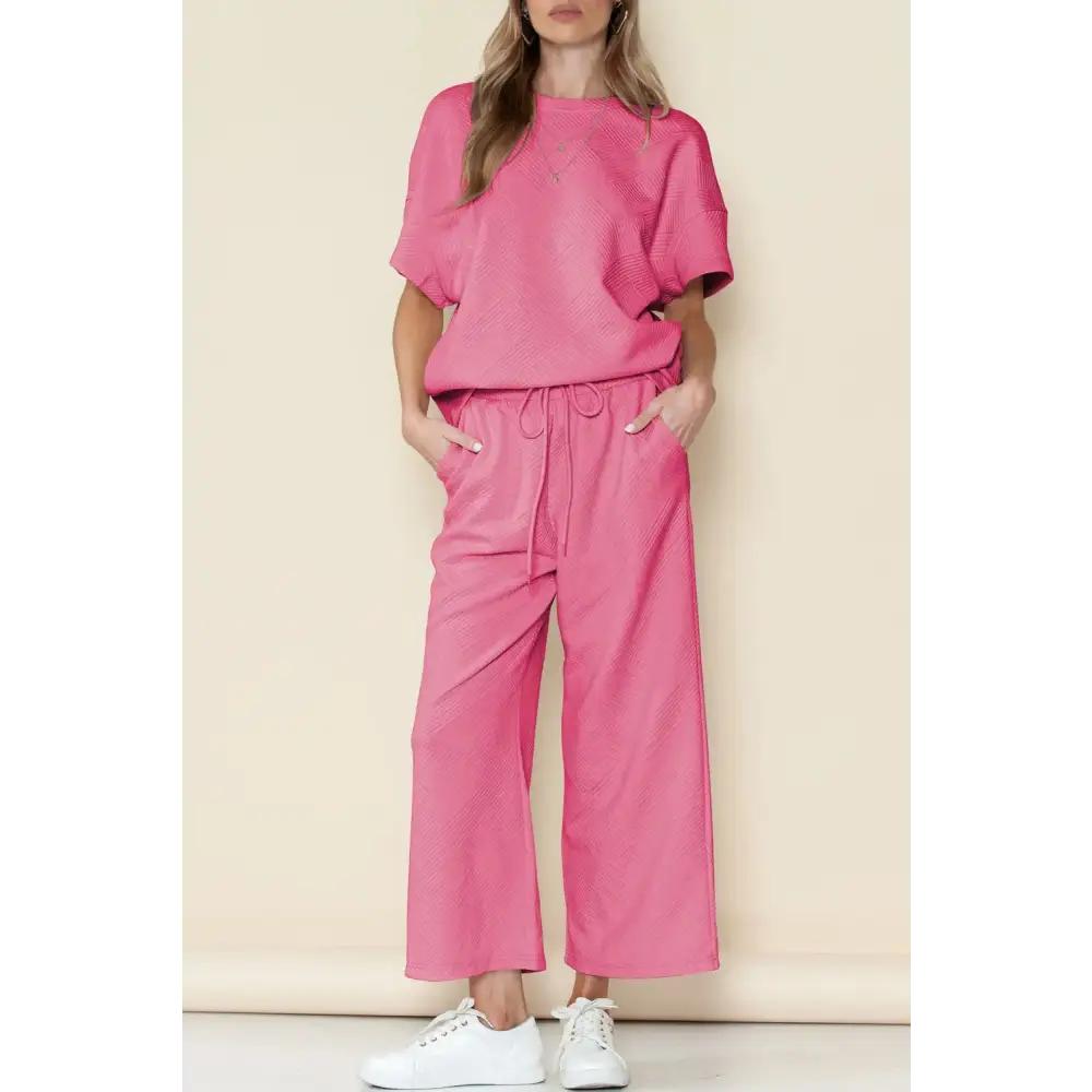 Textured Loose Fit T Shirt & Drawstring Pants Set.