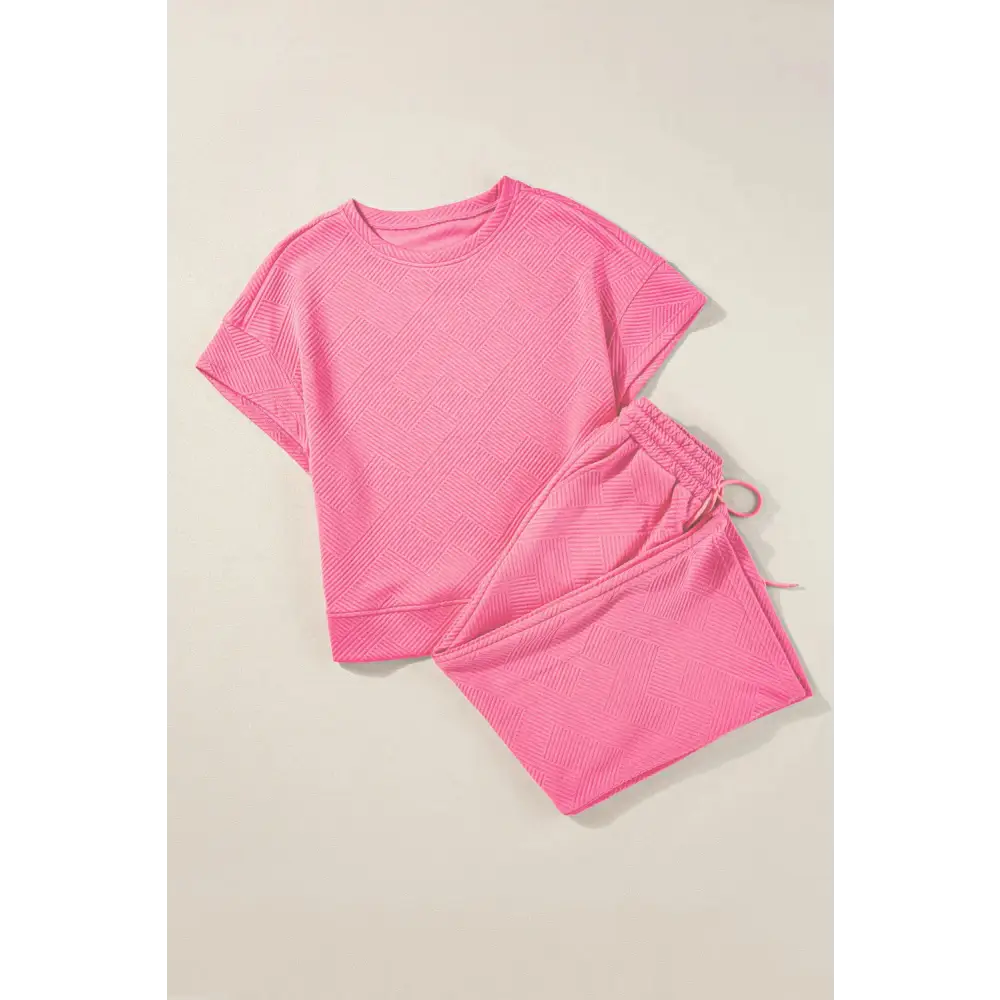 Textured Loose Fit T Shirt & Drawstring Pants Set.